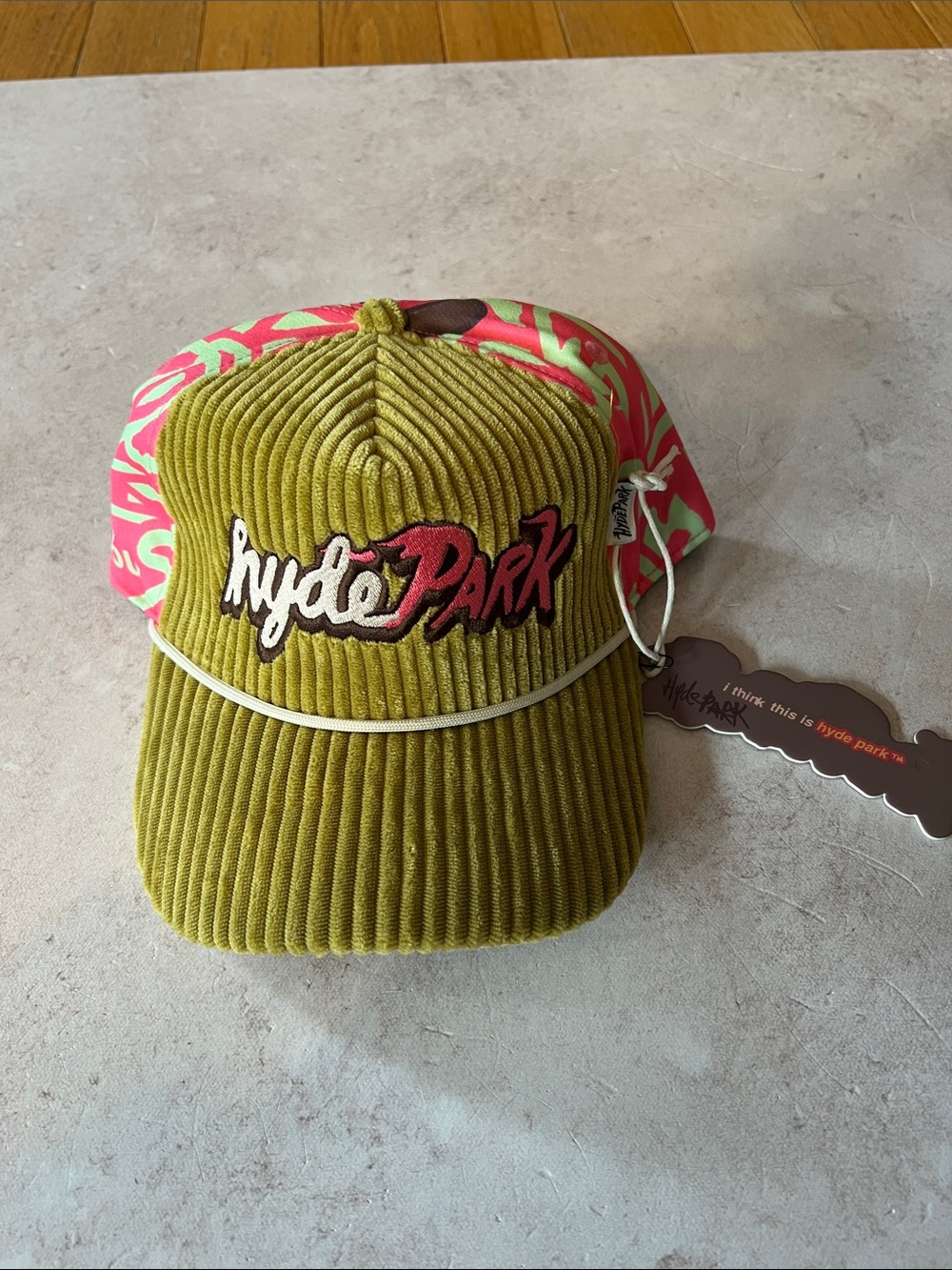 Hyde Park Olive and Watermelon Corduroy SnapBack Designer Trucker Hat. Unisex.